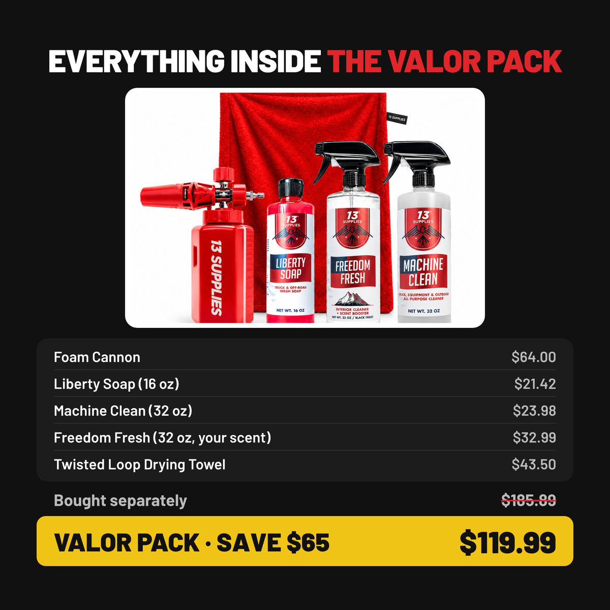 Everything inside the Valor Pack with individual prices, $185.89 bought separately vs $119.99